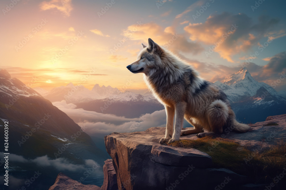Photorealistic ai artwork of a wolf in the mountains at sunset. Generative ai. Photorealistic ai artwork of a wolf in the mountains at sunset. Generative ai.