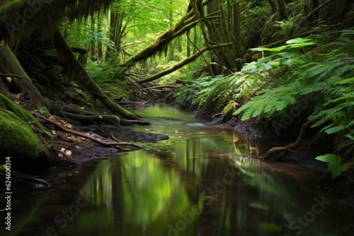 close-up of tranquil forest stream  with reflections and ripples  created with generative ai