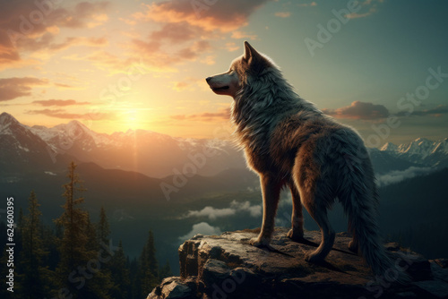 Photorealistic ai artwork of a wolf in the mountains at sunset. Generative ai.