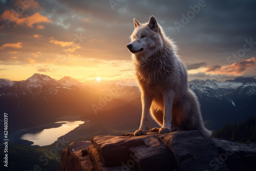 Photorealistic ai artwork of a wolf in the mountains at sunset. Generative ai.