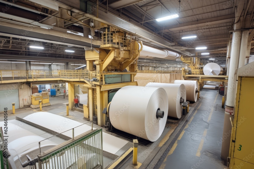 pulp and paper factory, with production line in full swing, creating endless sheets of paper, created with generative ai pulp and paper factory, with production line in full swing, creating endless sheets of paper, created with generative ai