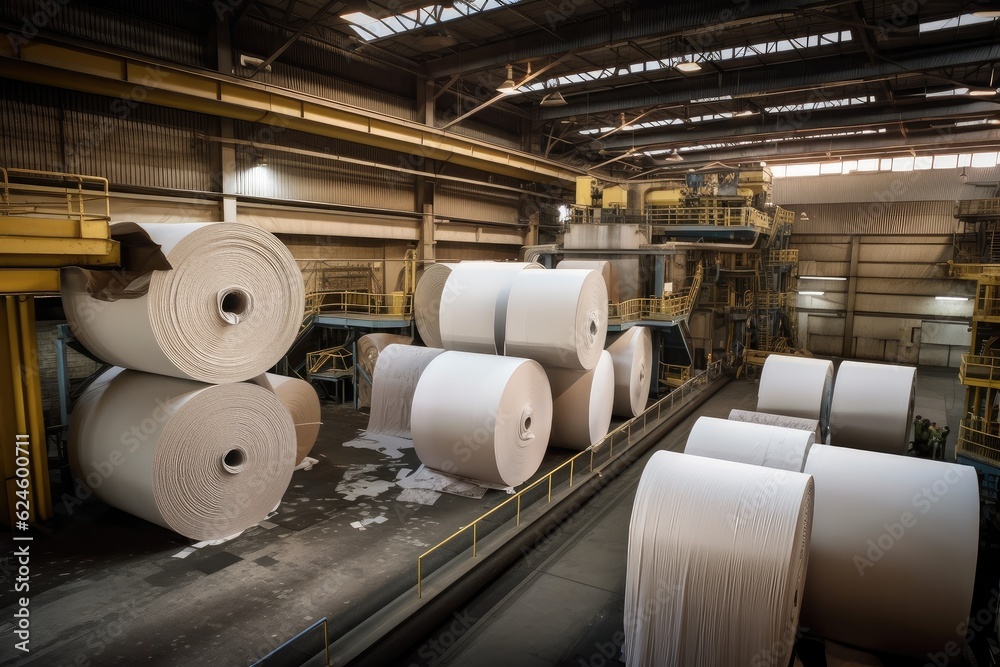 pulp and paper plant, with stacks of rolls of recycled paper visible, created with generative ai pulp and paper plant, with stacks of rolls of recycled paper visible, created with generative ai