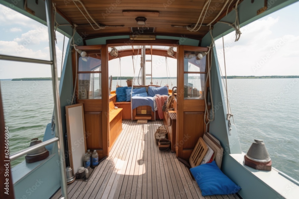 tiny home on a sailboat, with view of the open water, created with generative ai