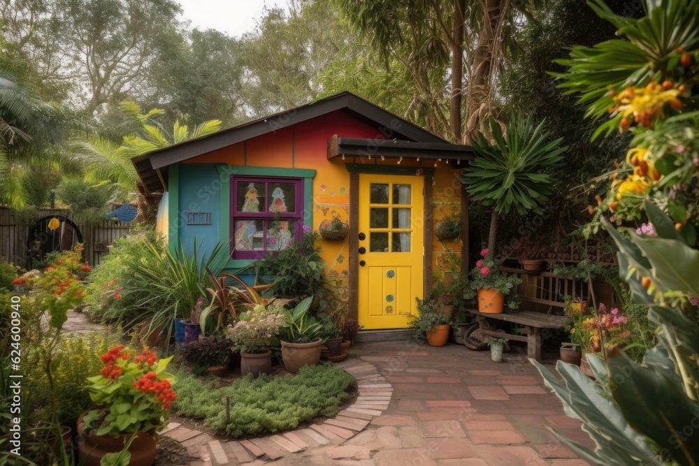 tiny house in lush, colorful garden setting, created with generative ai