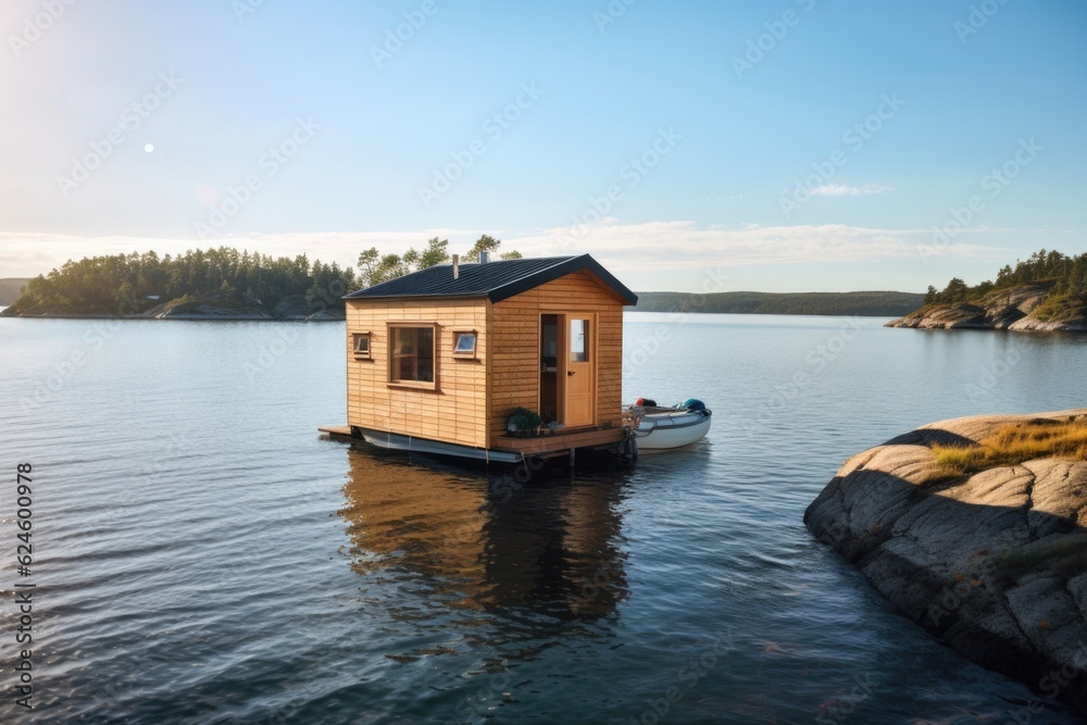 a tiny house on a boat, with water and natural surroundings in the background, created with generative ai