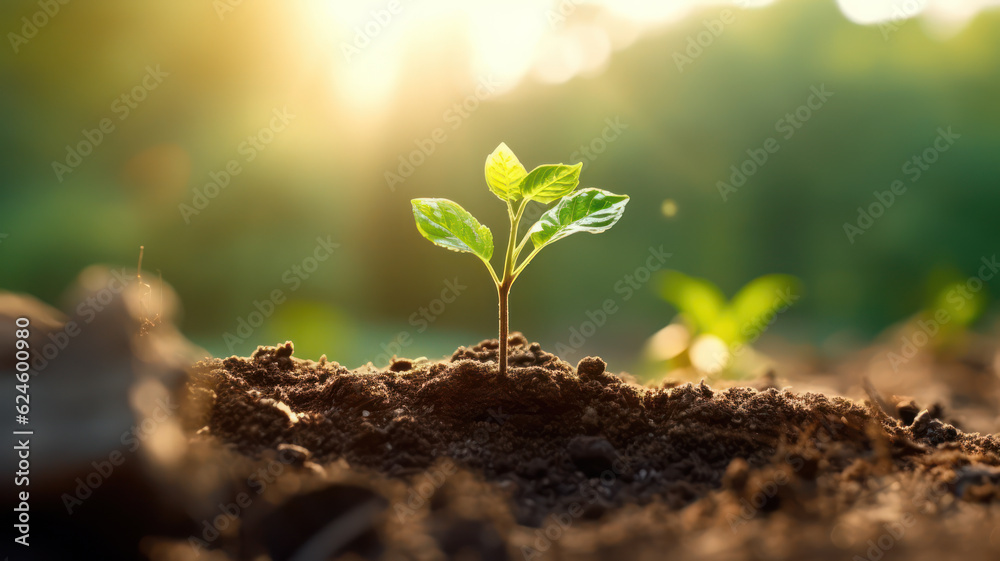 Growing Seedling with Morning Sunshine on Green Bokeh Background, AI generated