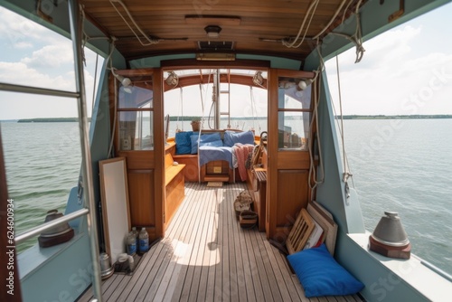 tiny home on a sailboat, with view of the open water, created with generative ai © altitudevisual