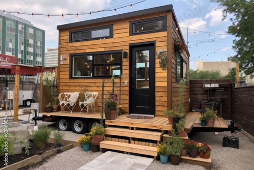 tiny house in the middle of a vibrant, bustling city, created with generative ai