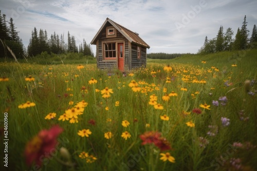 tiny house in the middle of wildflower field, created with generative ai