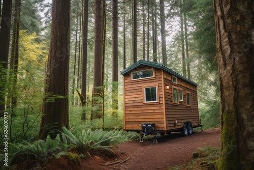 tiny house on wheels  parked in forest with view of the trees  created with generative ai