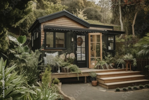 a tiny home nestled in a peaceful garden, created with generative ai