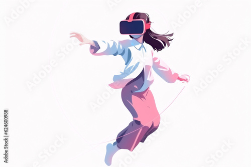 Woman levitating in the air while wearing a virtual reality headset