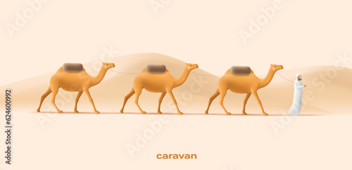 Cameleer men with camels caravan in a desert landscape, man leading animals and goods, 3d illustration