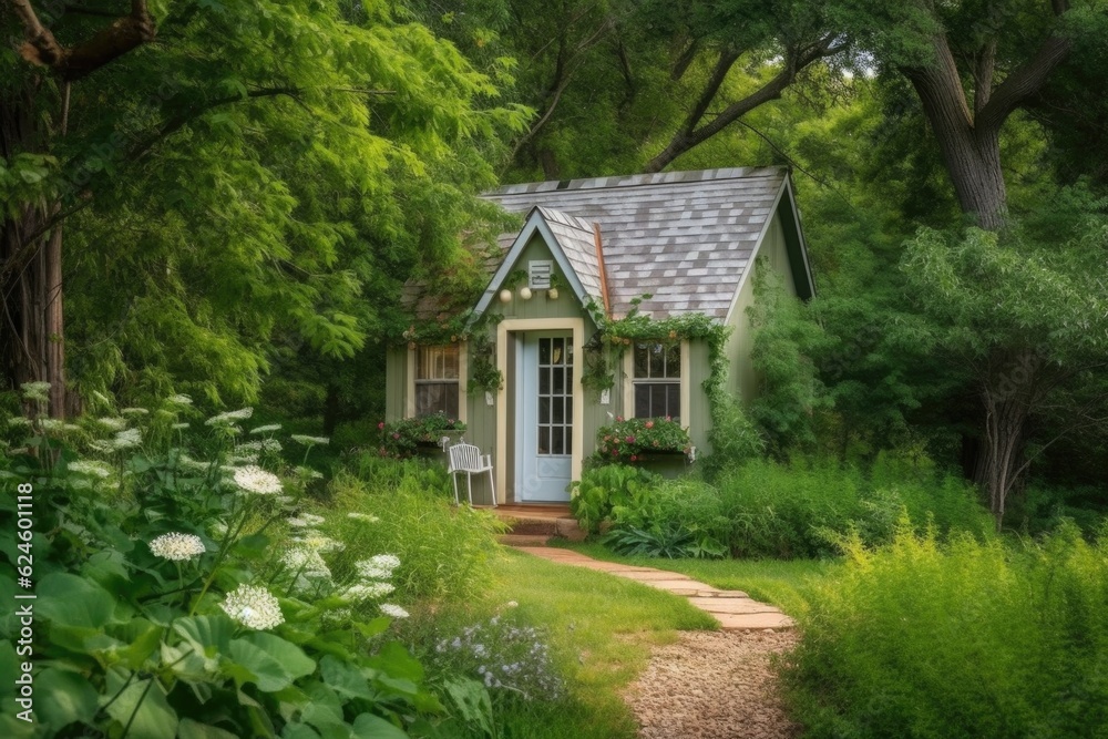 tiny home in the country, surrounded by lush greenery, created with generative ai