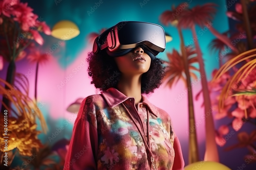 Young creative female wearing VR goggles in a tropical environment, metaverse and virtual reality concept