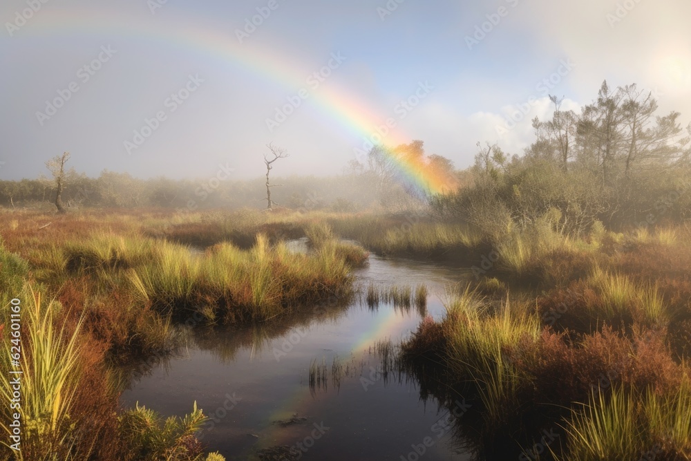 rainbow appearing over a wetland, with mist rising from the water, created with generative ai