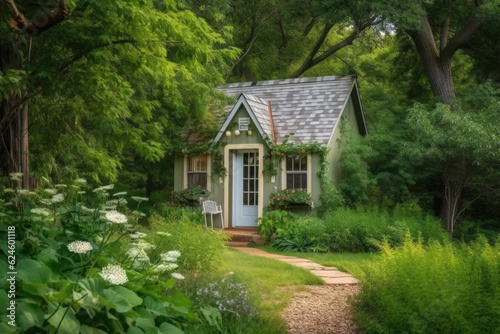 tiny home in the country, surrounded by lush greenery, created with generative ai