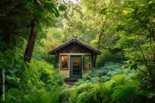 tiny house, surrounded by lush greenery, in serene and peaceful setting, created with generative ai