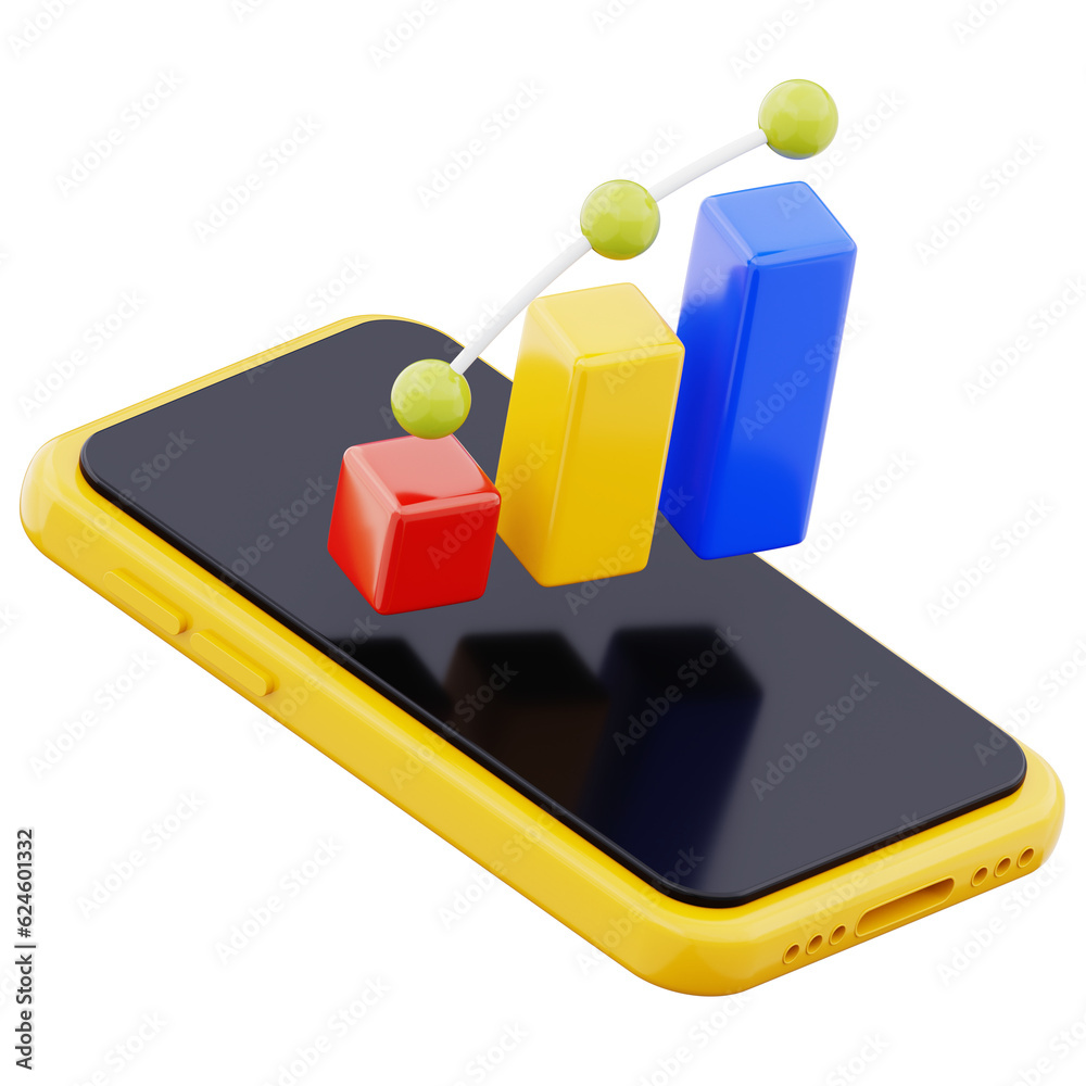 Bar graph data analytic statistical finance icon business symbol on mobile phone 3d render illustration isolated on transparent background Bar graph data analytic statistical finance icon business symbol on mobile phone 3d render illustration isolated on transparent background