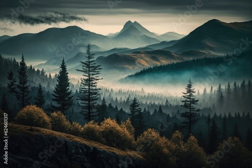 peaceful mountain wilderness, with fog rolling over the peaks and valleys, created with generative ai