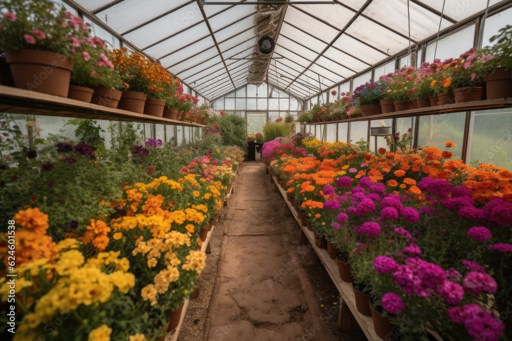 greenhouse filled with colorful and fragrant flowers, created with generative ai greenhouse filled with colorful and fragrant flowers, created with generative ai