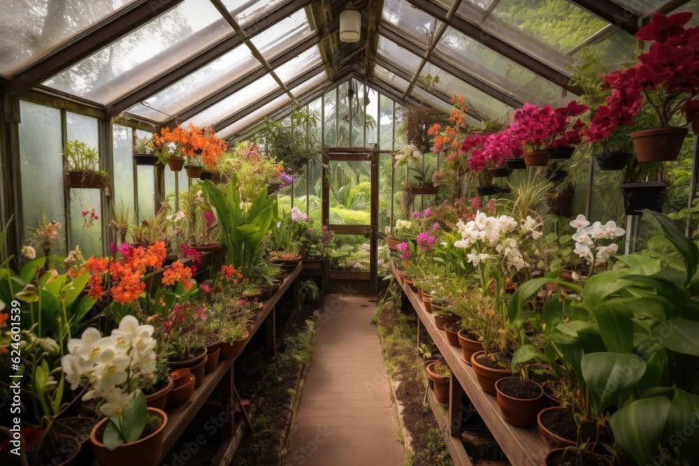 greenhouse filled with orchids and bromeliads, created with generative ai