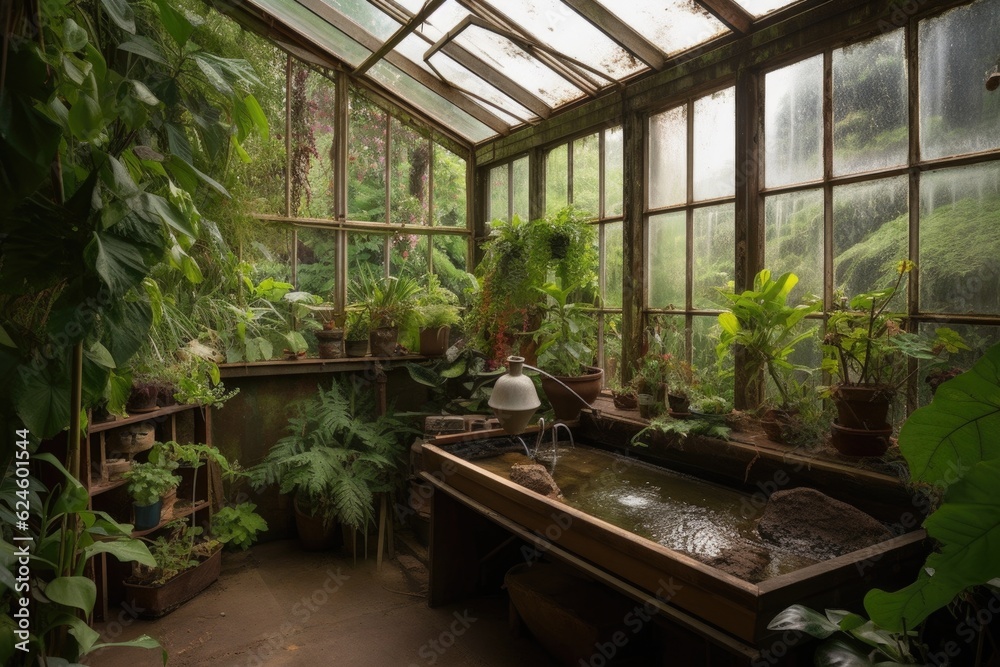 greenhouse with view of lush garden and a waterfall, created with generative ai greenhouse with view of lush garden and a waterfall, created with generative ai