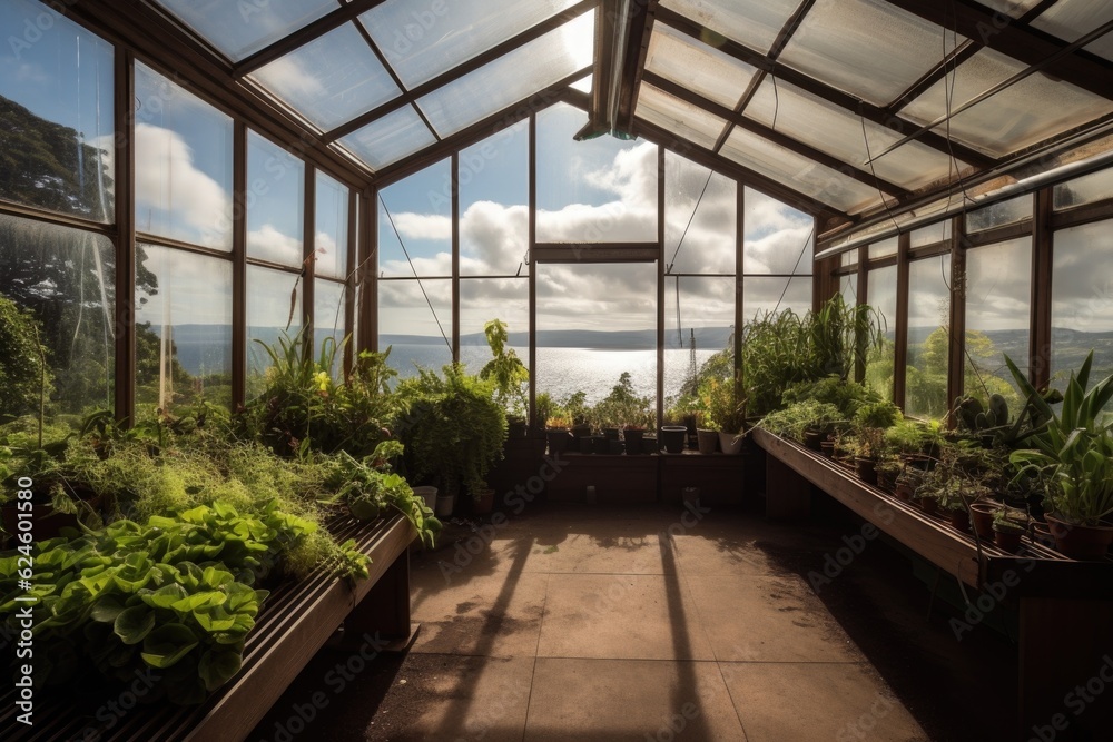 greenhouse with view of the ocean, surrounded by beautiful and tranquil scenery, created with generative ai greenhouse with view of the ocean, surrounded by beautiful and tranquil scenery, created with generative ai