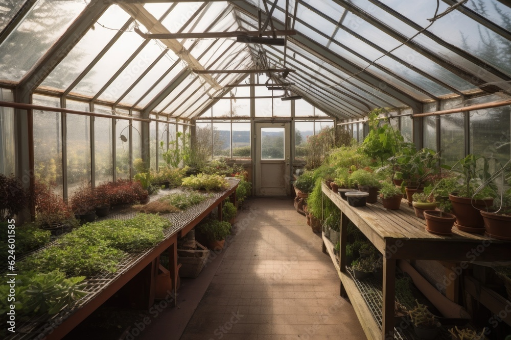 greenhouse, with view of the surrounding landscape, showcasing the beauty and natural environment, created with generative ai