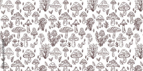 Seamless pattern with cartoon mushrooms, lines or doodles, vector illustration