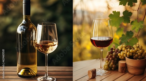 Collage of female bottle and glasses of wine on woods background. generative ai.
