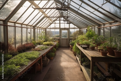 greenhouse  with view of the surrounding landscape  showcasing the beauty and natural environment  created with generative ai