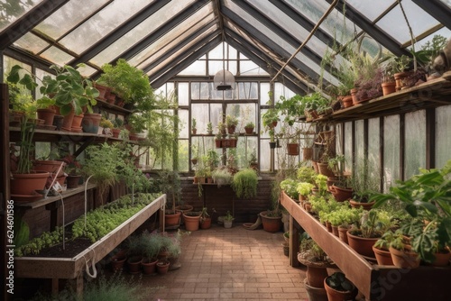 greenhouse with variety of plants and herbs growing in pots, created with generative ai