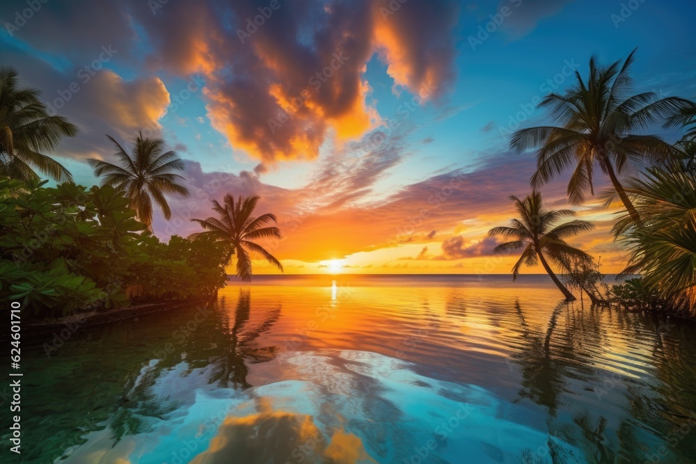 colorful sunset over a lush tropical paradise, surrounded by palm trees and clear blue waters, created with generative ai