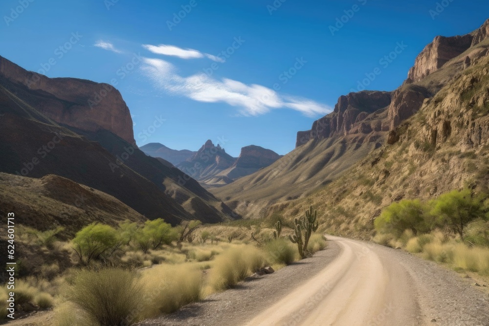 a road trip through a national park, with scenic views, clear blue skies and towering mountains, created with generative ai