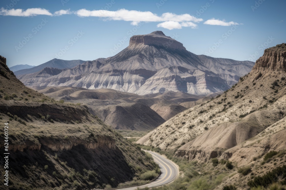 Naklejka premium road trip past towering mountains and scenic canyons, created with generative ai