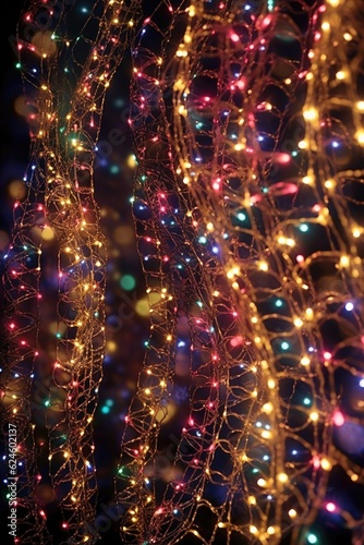 spiral pattern of holiday lights on a dark background, created with generative ai