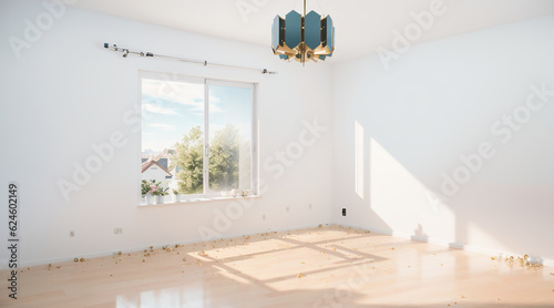 White room features a pristine wooden floor  accentuated by the gentle embrace of natural light streaming through the window  while a light adds a warm and welcoming glow.