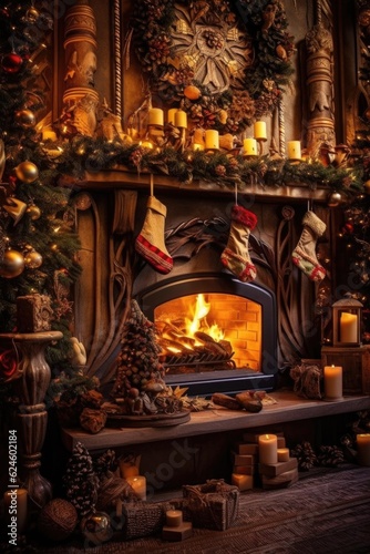 warm fireplace with stockings and garland, created with generative ai