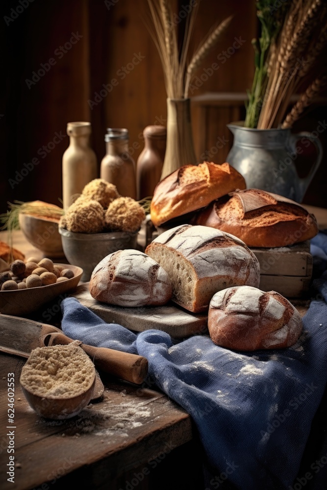 freshly baked bread on a rustic wooden table, created with generative ai freshly baked bread on a rustic wooden table, created with generative ai