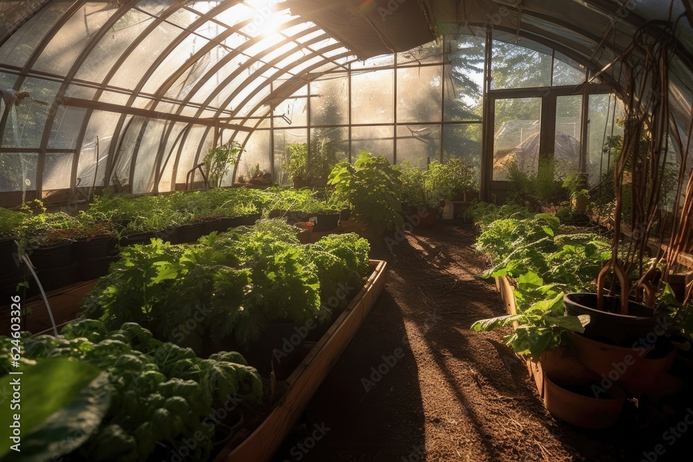 wide-angle view of organic greenhouse interior, created with generative ai