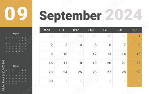 Monthly Calendar Template of september 2024. Vector layout simple calendar with week start Monday.