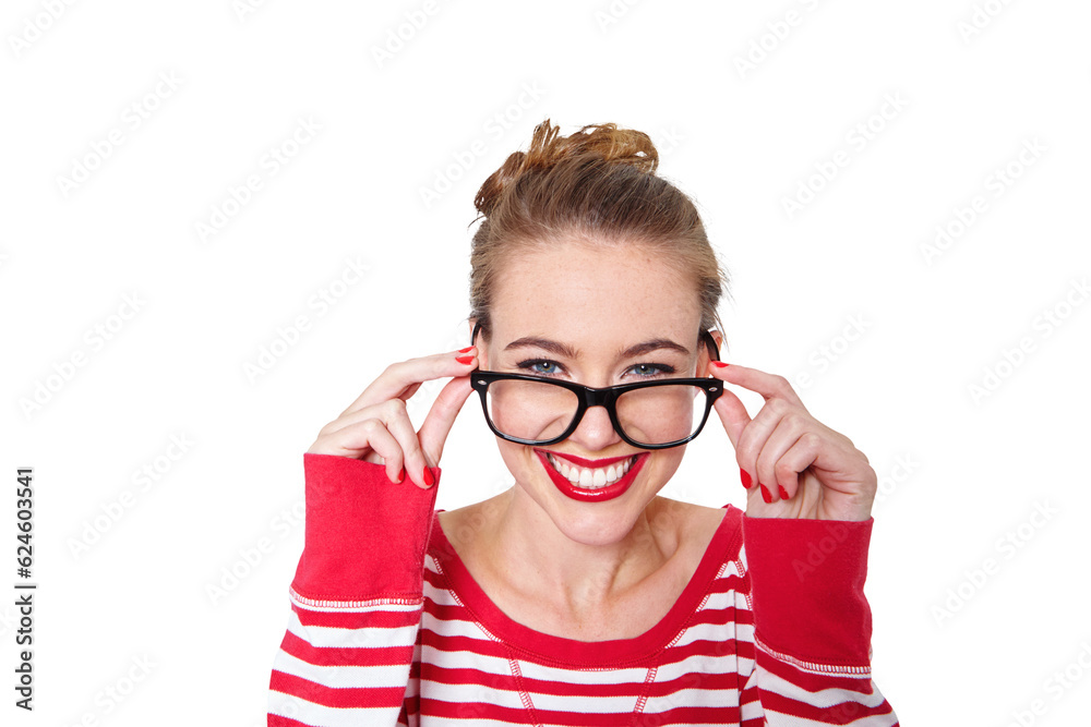 Beauty, glasses and student with portrait of woman on png for nerd, education and youth. Happy, smart and style with person isolated on transparent background for confidence and hipster fashion
