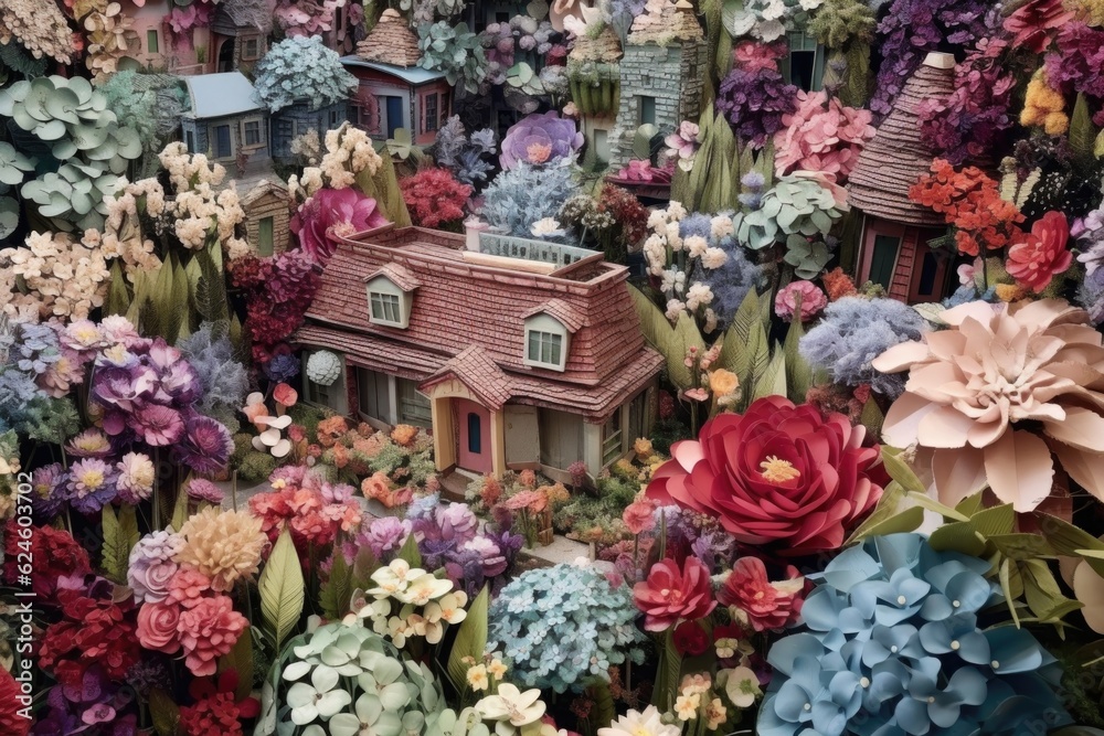 aerial view of a garden made entirely of paper blooms, created with generative ai