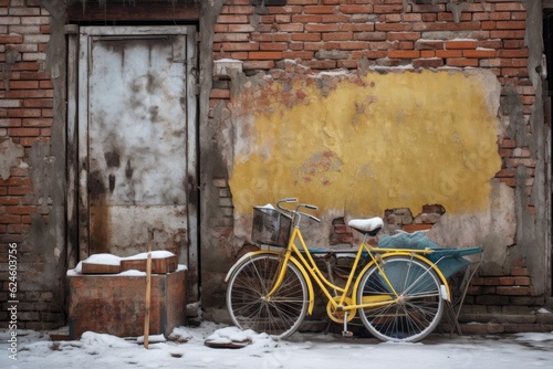 snow-covered bicycle leaning against aged brick wall, created with generative ai