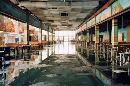 a flooded and abandoned food court, created with generative ai © altitudevisual