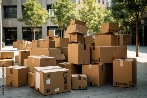 Several cardboard boxes ready to be recycled. Sustainable environment. Generative AI © piai