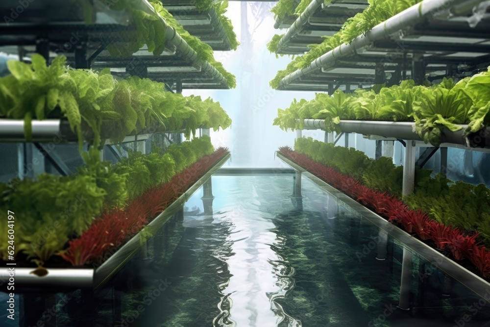 Fototapeta premium nutrient-rich water flowing through hydroponic channels, created with generative ai