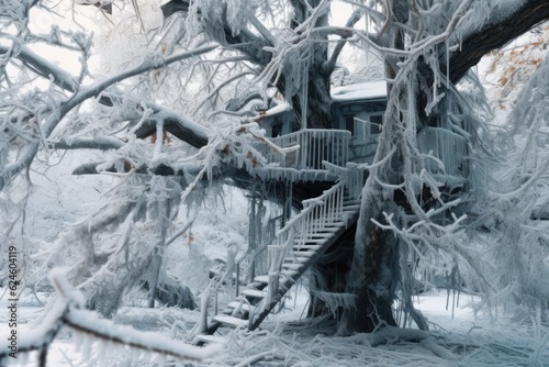 icy tree branches surrounding abandoned treehouse, created with generative ai
