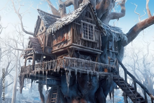crumbling treehouse with frost-covered windows, created with generative ai
